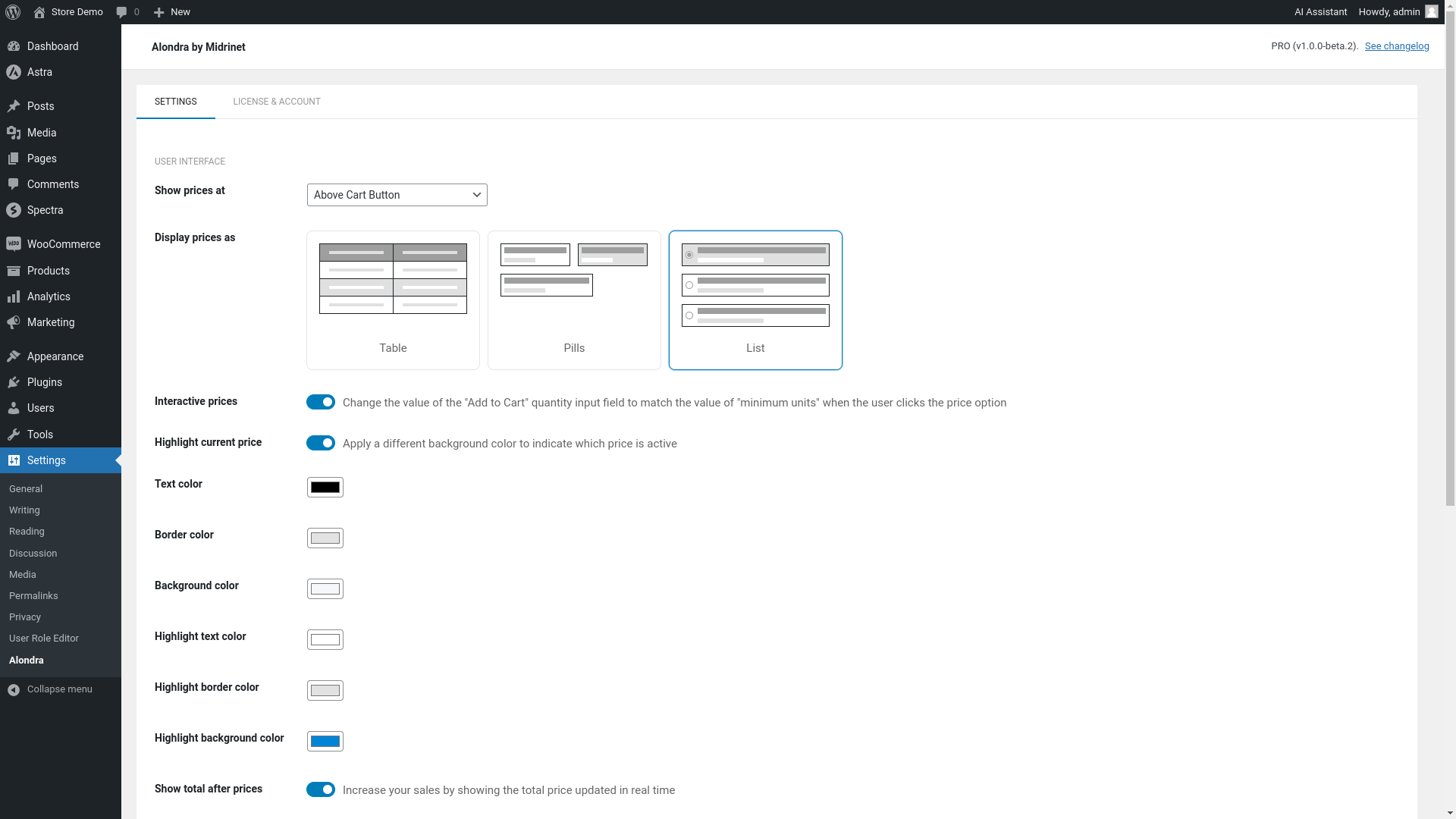 Settings page of plugin Alondra.